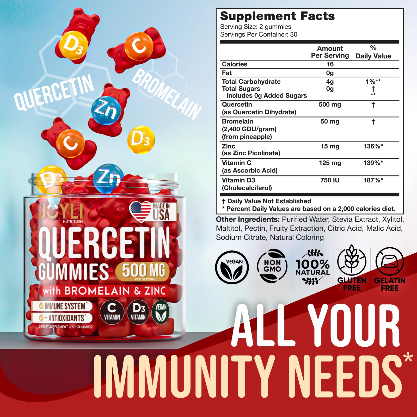 JOYLI Quercetin Gummies - Pure Quercetin with Bromelain Zinc Vitamin C & Vitamin D3 JOYLI Nutrition