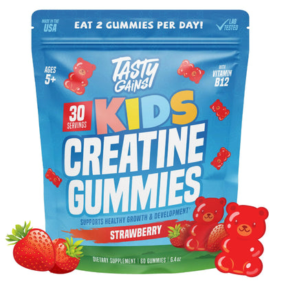 Package of Tasty Gains Kids Creatine Gummies with strawberry flavor on a white background