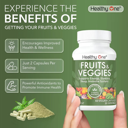 Fruits & Veggies Formula - 27 Premium Whole Foods - Organic Ingredients - Equals 3 Servings of Fruits & Vegetables - Improve Energy, Focus & Immune Function - Fiber - Antioxidants - 120ct (60 Serv) Healthy One buy supplements Au