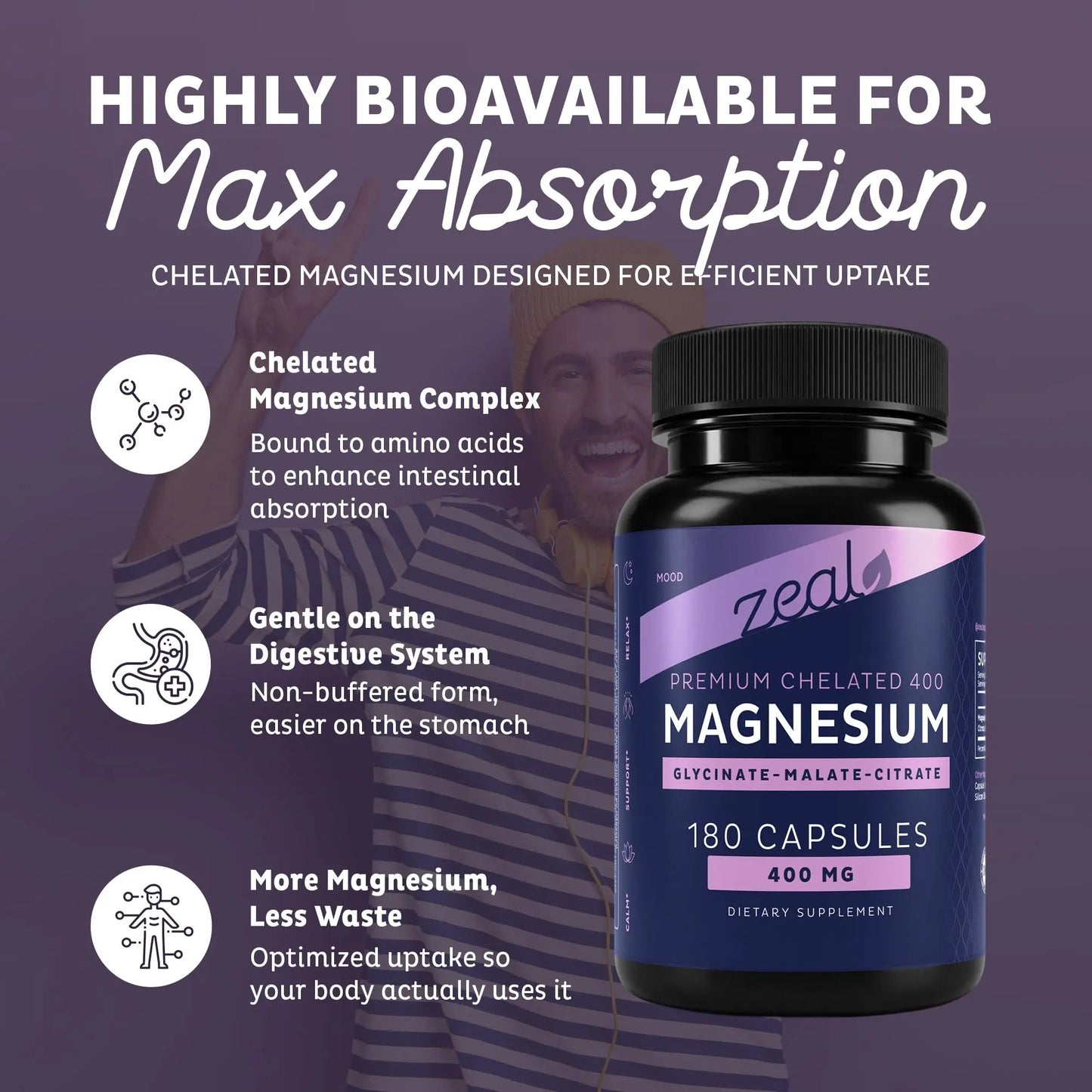 Zeal Naturals Triple Magnesium Complex Supplement - Glycinate, Malate, Citrate | 400mg, 180 Capsules | High Absorption Chelated Magnesium for Sleep, Mood, Muscle Recovery, Relaxation Zeal Naturals buy supplements Au