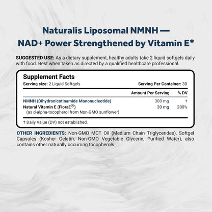 Naturalis Liposomal NMNH 300mg (NMN Alternative) | Boost NAD+ Levels & Support Healthy Aging* | Bioenhanced with Vitamin E for Advanced Absorption, Stability & Antioxidant Protection* | 60 Softgels NaturalisBuy Supplements Australia