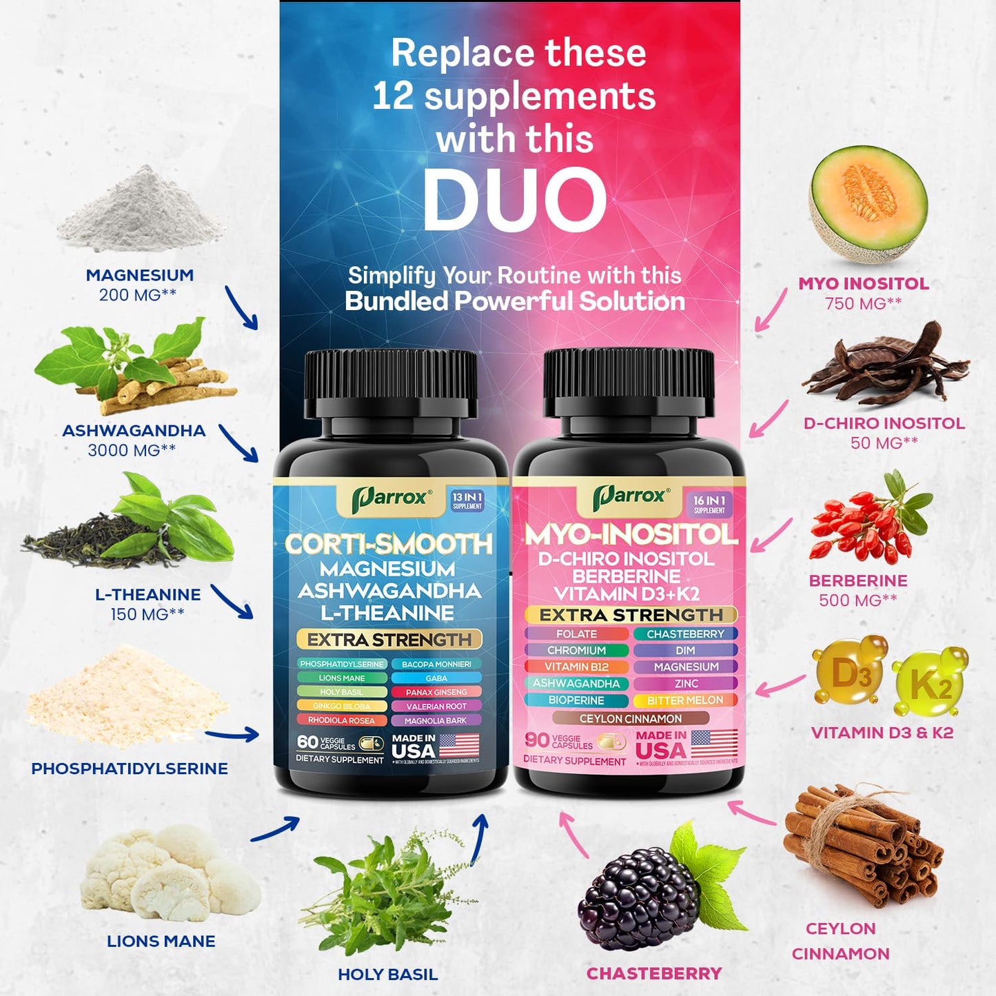 Parrox Cortisol & Myo-Inositol Supplement Bundle, Soothe & Smooth Bundle, 13-in-1 Cortisol Balance, Magnesium, Ashwagandha, L-Theanine, D-Chiro Inositol, Folate, Berberine, Chasteberry (150 Capsules) ParroxBuy Supplements Australia