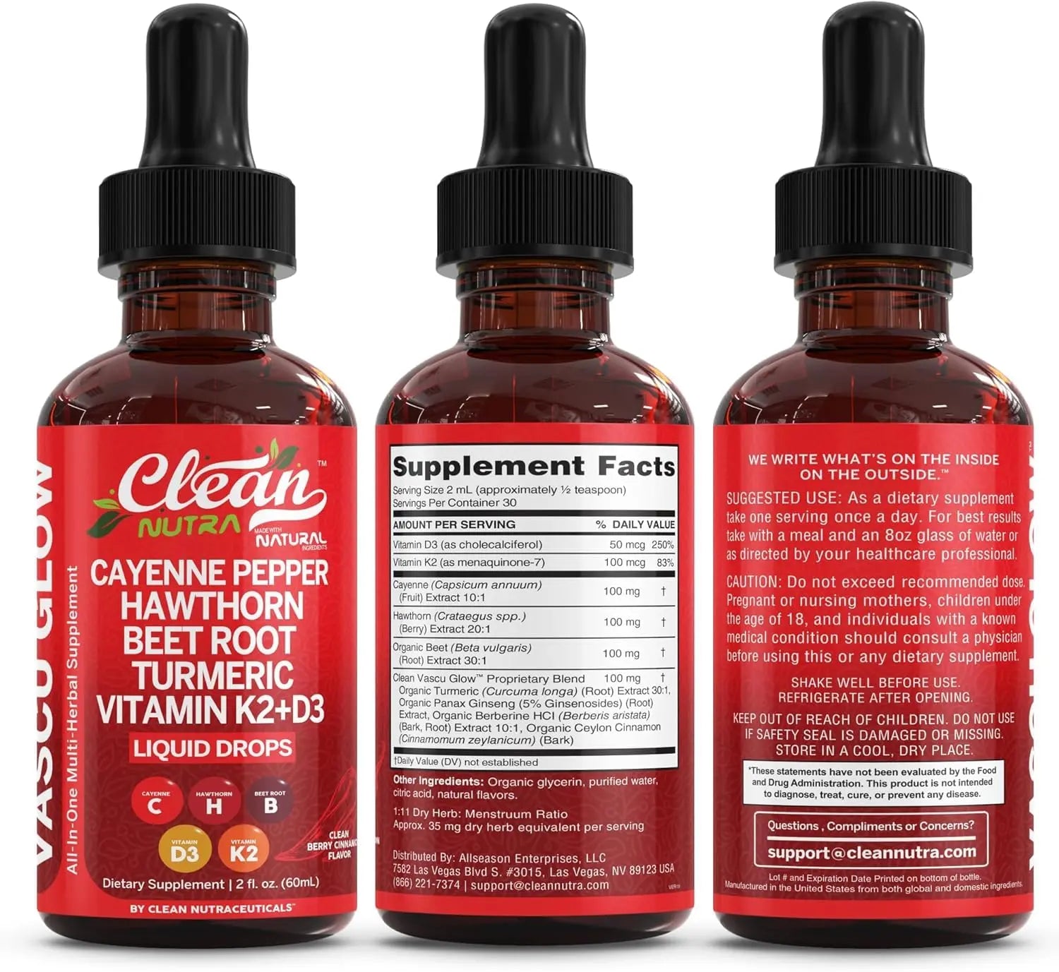 Clean Nutra Cayenne Pepper Drops Supplement Liquid + Hawthorn Berry, Vitamin D3 K2 Beet Root Powder, Ceylon Cinnamon, Turmeric Curcumin Clean Nutraceuticals