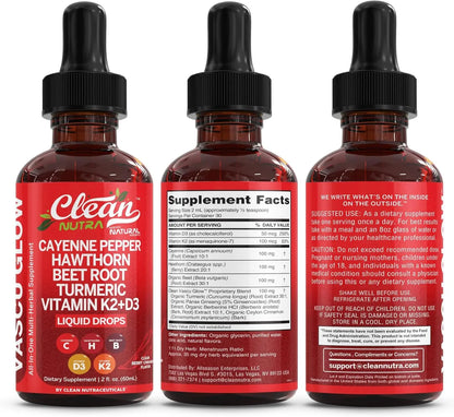 Clean Nutra Cayenne Pepper Drops Supplement Liquid + Hawthorn Berry, Vitamin D3 K2 Beet Root Powder, Ceylon Cinnamon, Turmeric Curcumin Clean Nutraceuticals