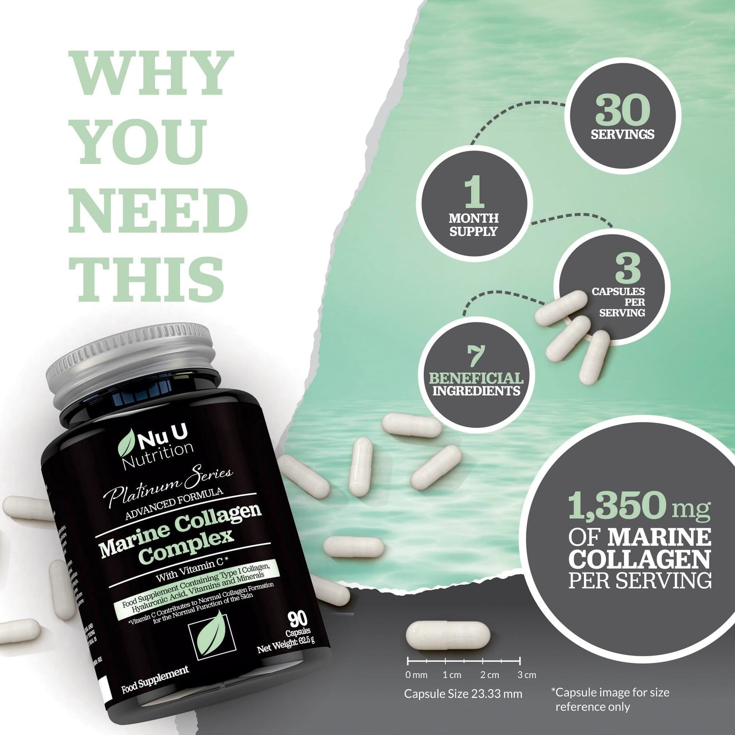 Marine Collagen with Hyaluronic Acid, Vitamin C - 90 Hydrolysed Capsules (not Tablets Nu U NutritionBuy Supplements Australia