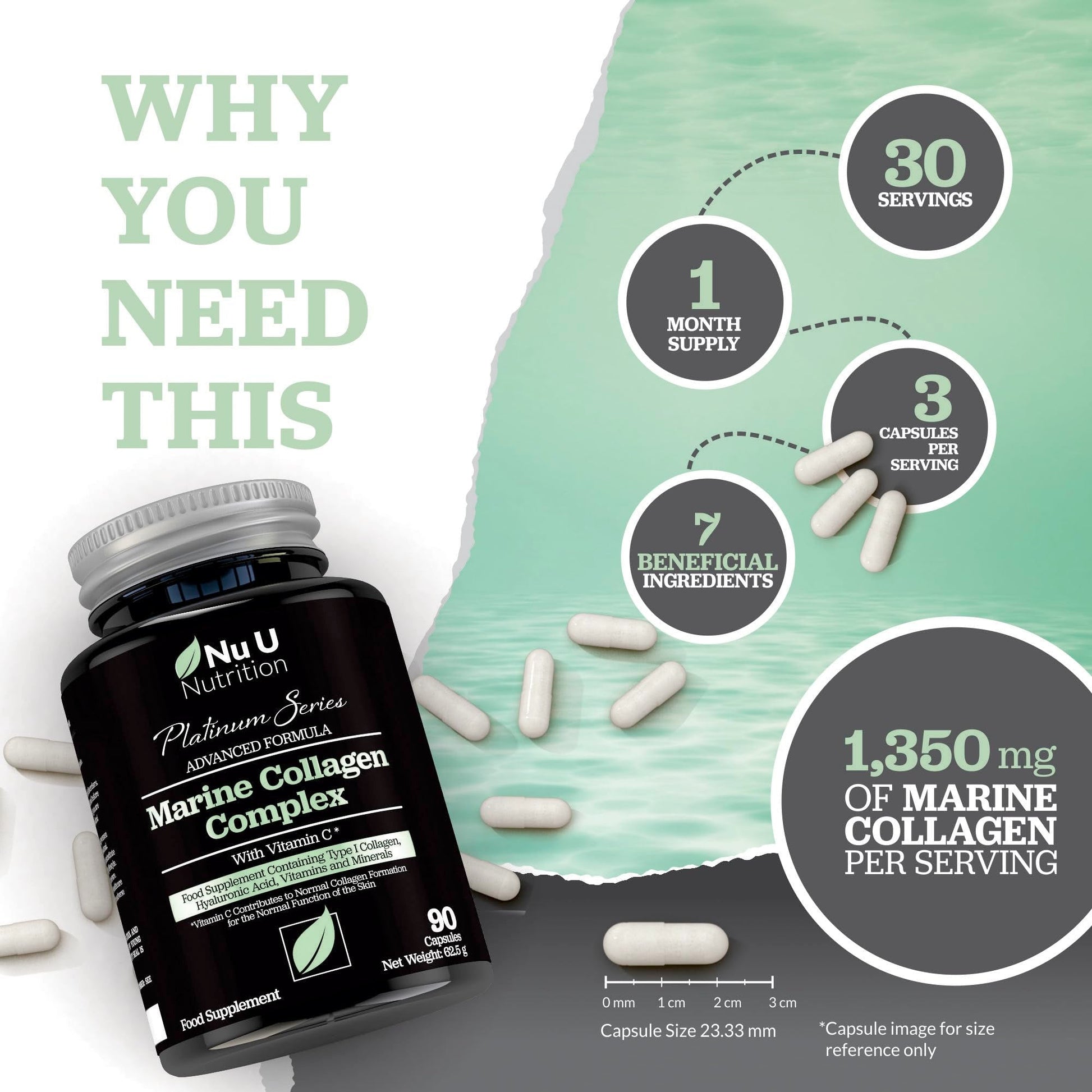 Marine Collagen with Hyaluronic Acid, Vitamin C - 90 Hydrolysed Capsules (not Tablets Nu U NutritionBuy Supplements Australia