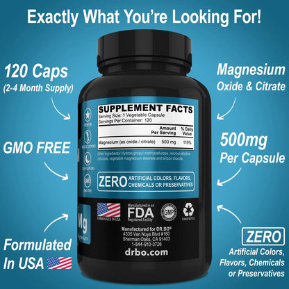 Magnesium Complex Supplement Capsules 500mg - Support Energy, Relaxation, Leg Cramps & Legs - Help Aid Muscle Support Supplements - High Absorption Premium Mag Citrate Oxide - 120 Capsules DR. BO buy supplements Au