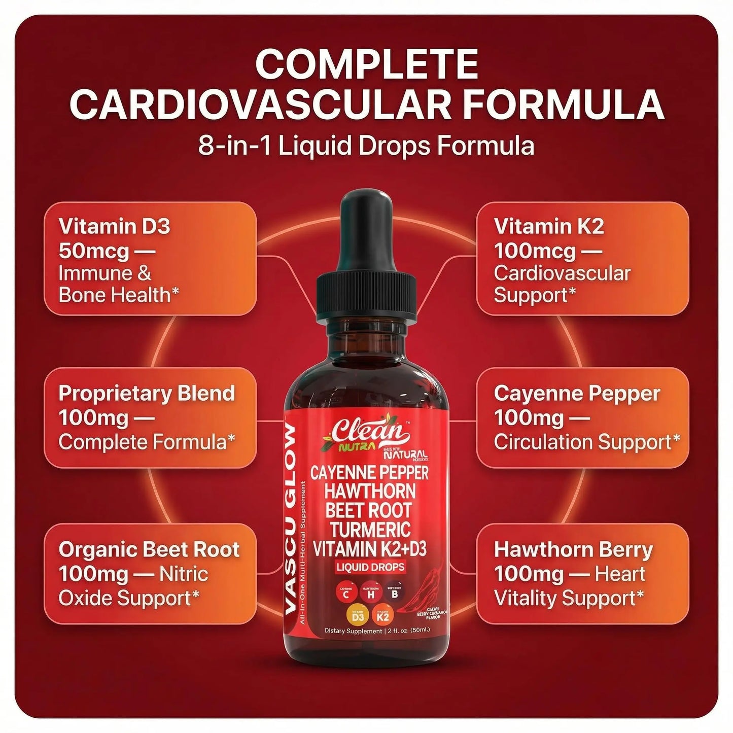 Clean Nutra Cayenne Pepper Drops Supplement Liquid + Hawthorn Berry, Vitamin D3 K2 Beet Root Powder, Ceylon Cinnamon, Turmeric Curcumin Clean Nutraceuticals