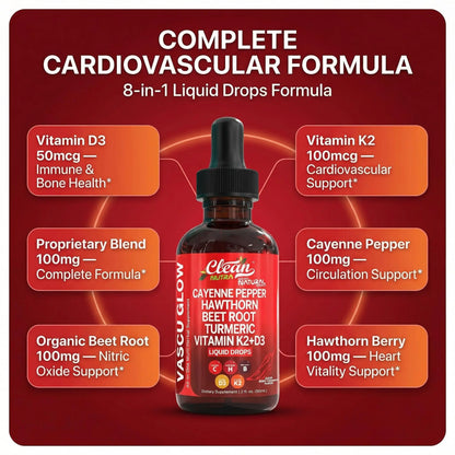 Clean Nutra Cayenne Pepper Drops Supplement Liquid + Hawthorn Berry, Vitamin D3 K2 Beet Root Powder, Ceylon Cinnamon, Turmeric Curcumin Clean Nutraceuticals