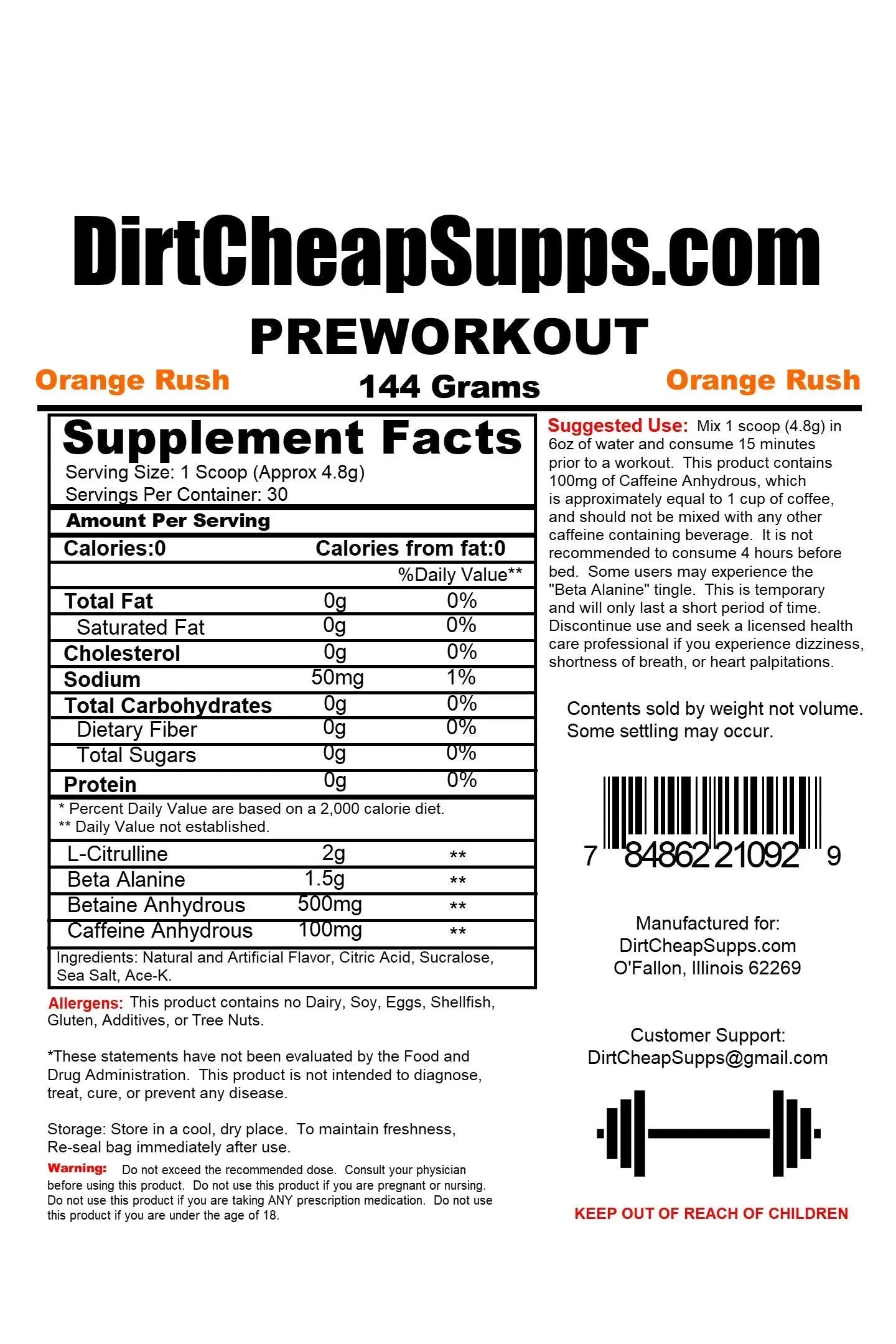 DirtCheapSupps Pre Workout (30 Servings) Orange - Increase Pump and Energy DirtCheapSupps