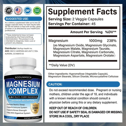 Magnesium Complex, 8 in 1, 1000mg-Glycinate, Citrate, Malate for Easy Absorption, Full Spectrum Magnesium Complex,Supports Relaxation, Sleep & Muscle Function, Magnesio Complex for Women, 180 Capsules BODUNMSCA buy supplements Au