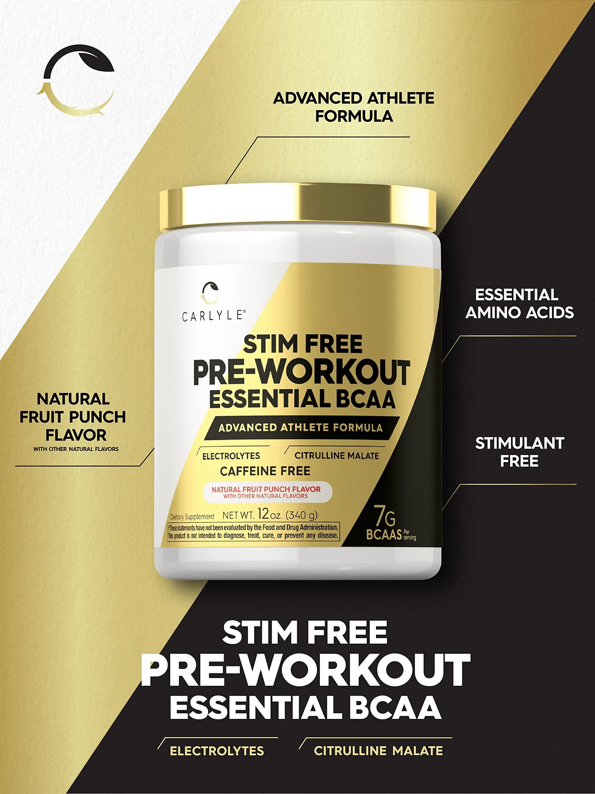 Carlyle Stim Free Pre Workout Powder | BCAA Amino Acids | 7g BCAA | Fruit Punch Flavor Carlyle