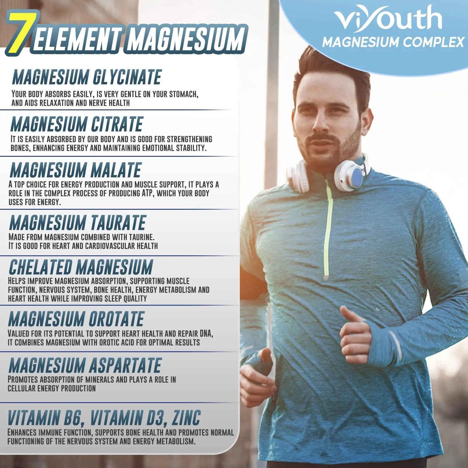 Magnesium 7 Complex Supplement Advanced with 7 Forms of Magnesium (Glycinate, Malate, Chelate, Aspartate, Orotate, Taurine, Citrate), Zinc, Vitamin D3 & Vitamin B6 VIYOUTH