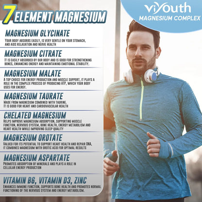 Magnesium 7 Complex Supplement Advanced with 7 Forms of Magnesium (Glycinate, Malate, Chelate, Aspartate, Orotate, Taurine, Citrate), Zinc, Vitamin D3 & Vitamin B6 VIYOUTH
