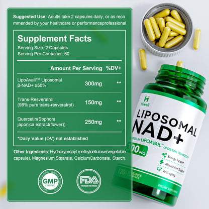 Liposomal NAD Supplement 300mg + Trans-Resveratrol & Quercetin, Energy & Anti-Aging Support, Boost NAD+ Levels - Vegan, Pure NAD Resveratrol Supplement for Women & Men, 120 Capsules HiiwellBuy Supplements Australia