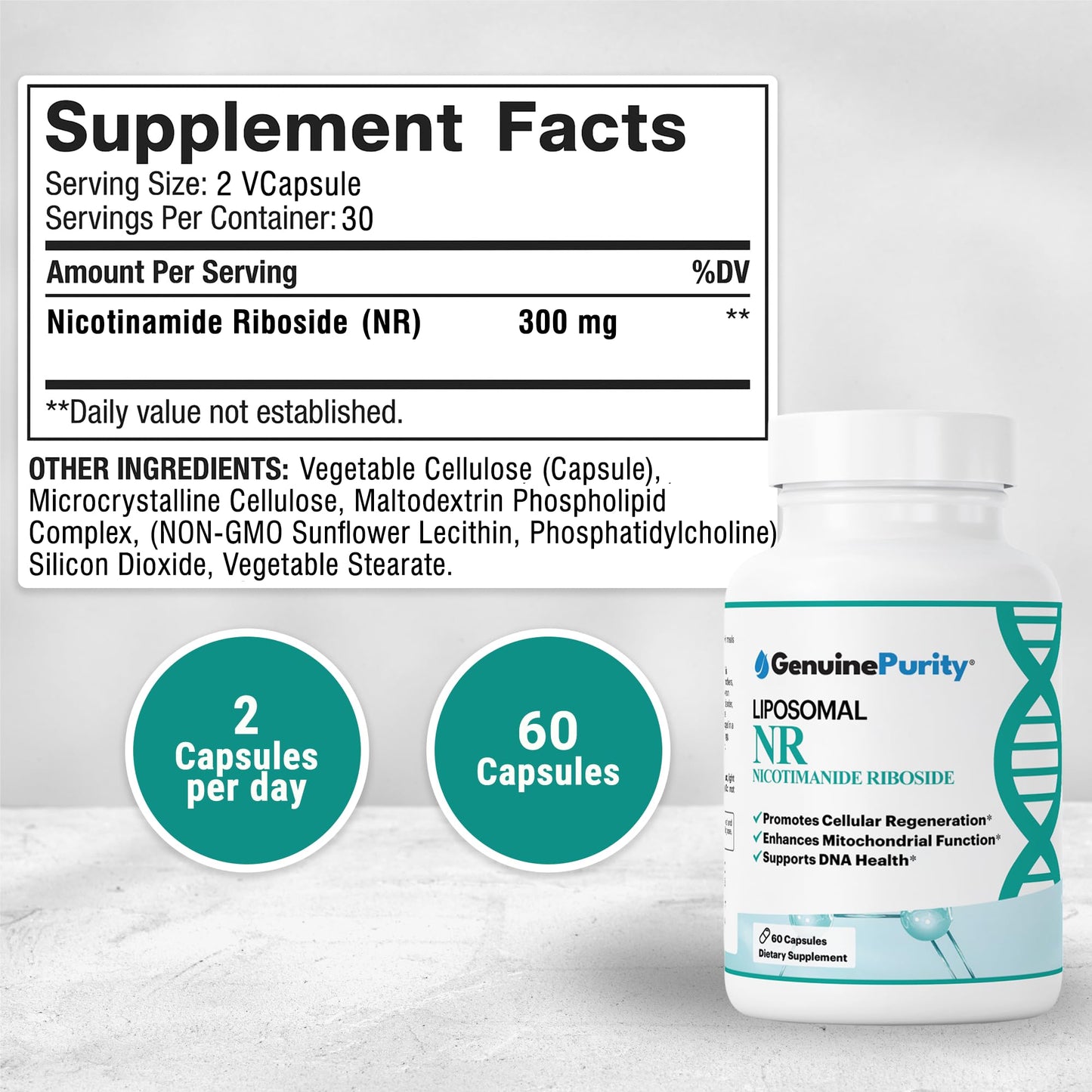 GenuinePurity Liposomal NR 300mg Nicotinamide Riboside Supplement | Advanced NAD Boost for Cellular Energy and Mitochondrial Function | Gluten Free, Vegan, USA Made, Non-GMO | 60 Capsules GenuinePurityBuy Supplements Australia