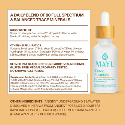 MAYU Trace Mineral Drops - 1 Bottle - 80+ Full-Spectrum Ionic Minerals for Water - Great-Tasting Mineral Supplement for Hydration - Magnesium, Potassium & Zinc - No Additives - 30 Servings mayu