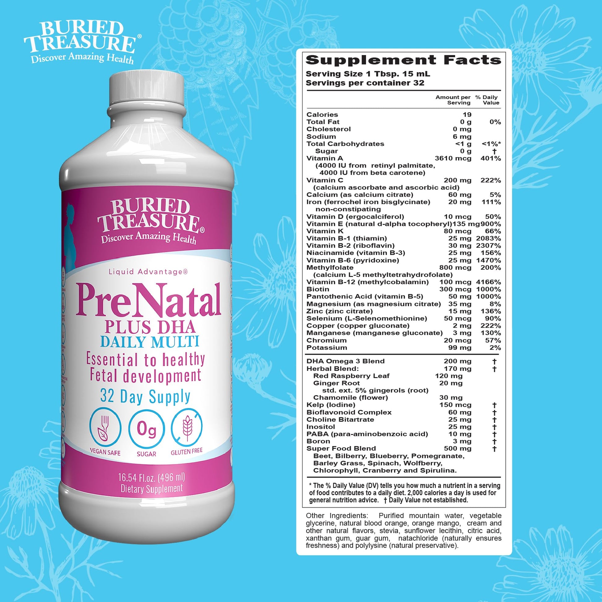 Buried Treasure Prenatal Plus DHA Complete, 16 oz, Natural DHA Omega3 Iron Buried Treasure