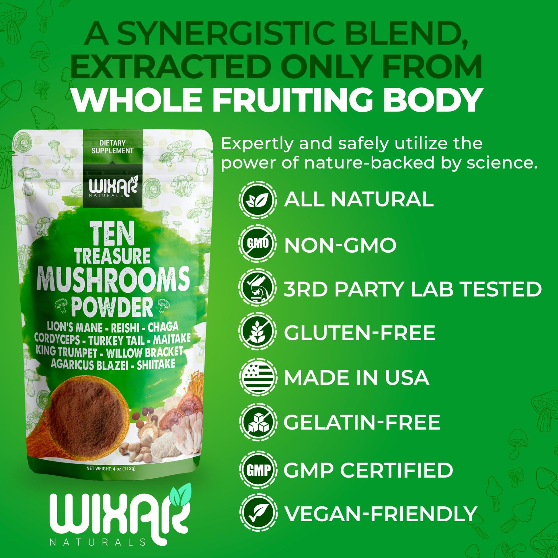 Wixar Mushroom Powder - Ten Treasure Mushrooms Extract Supplement Blend for Coffee WIXAR NATURALS