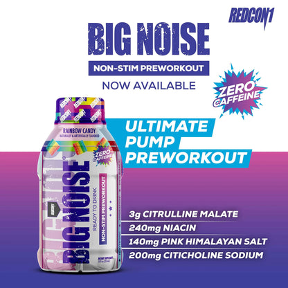 REDCON1 Big Noise RTD Pre Workout Drink, Rainbow Candy - Caffeine-Free Ready-to-Drink REDCON1