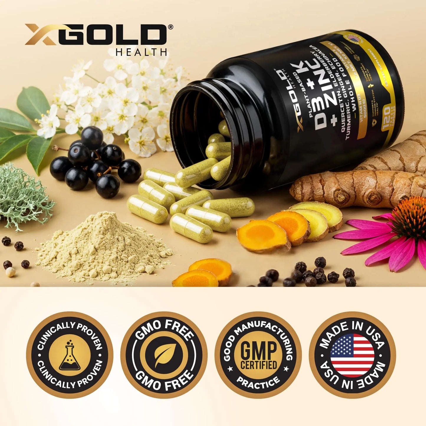 Vitamin D, K2, K1, Zinc, Quercetin, Elderberry, Turmeric, Ginger & Echinacea Whole Food Supplement 8 in 1- D3 5000 IU Plant-Based from Lichen, Vitamin K (K2 MK7, MK4, K1) X Gold Health