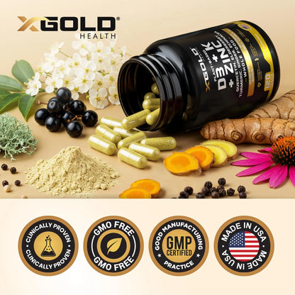 Vitamin D, K2, K1, Zinc, Quercetin, Elderberry, Turmeric, Ginger & Echinacea Whole Food Supplement 8 in 1- D3 5000 IU Plant-Based from Lichen, Vitamin K (K2 MK7, MK4, K1) X Gold Health