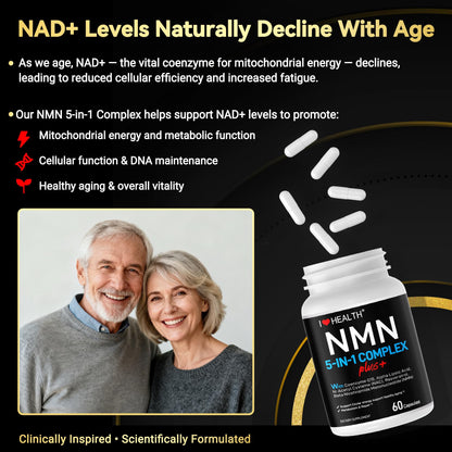 I LOVE HEALTH NMN Complex Plus+ for Women & Men with NAC, Alpha Lipoic Acid, CoQ10 & Resveratrol – 5-in-1 Cellular Energy & Healthy Aging Support – 60 Capsules, Non-GMO, Made in USA I LOVE HEALTHBuy Supplements Australia