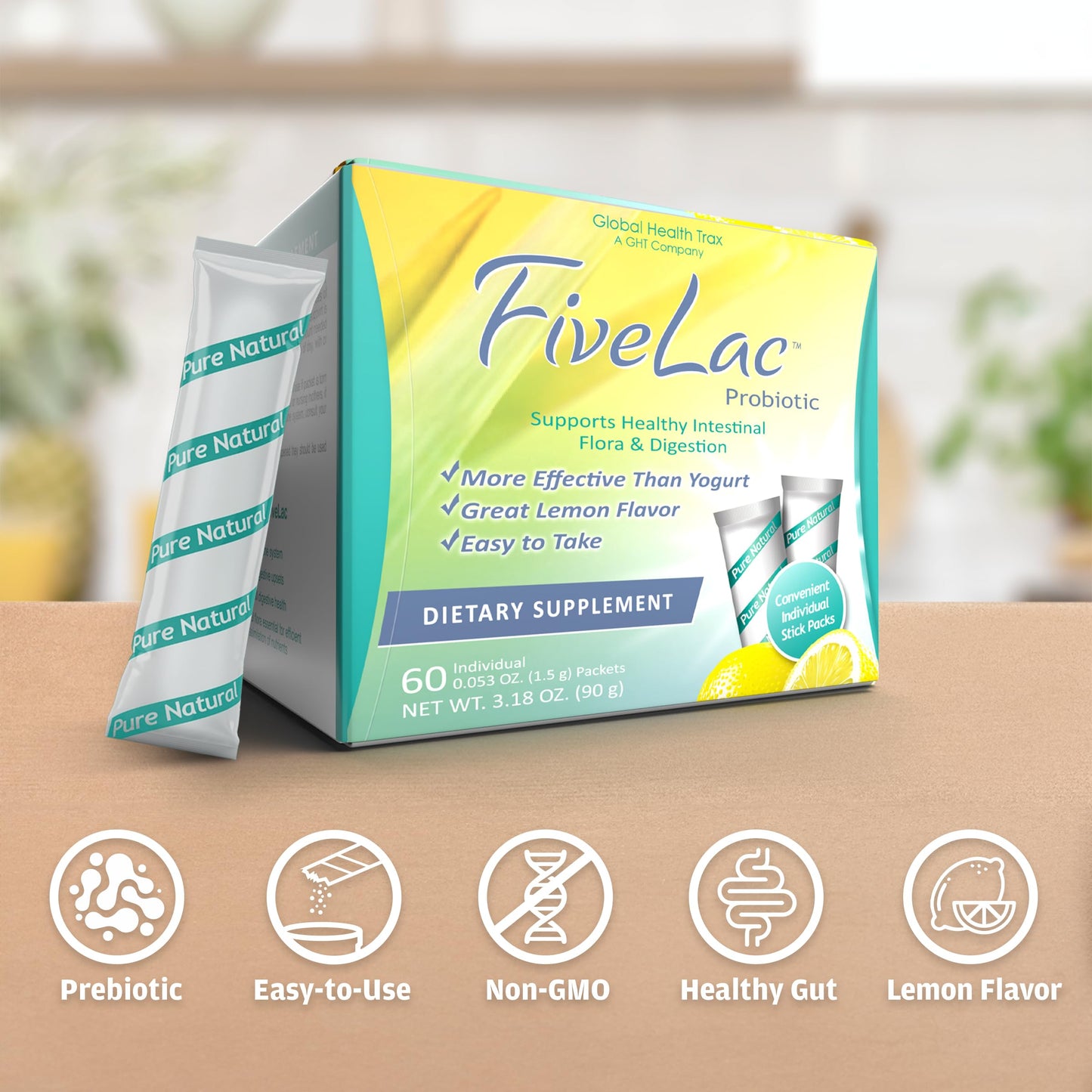 Global Health Trax GHT - FiveLac Lemon Probiotic Powder Drink Mix, Probiotics for Women, Men, Kids - Smooth Digestive Support & Elimination – Relieve Constipation & Gas - 60 Packets, 3.18 Oz, Non-GMO ght Global Health TraxBuy Supplements Australia