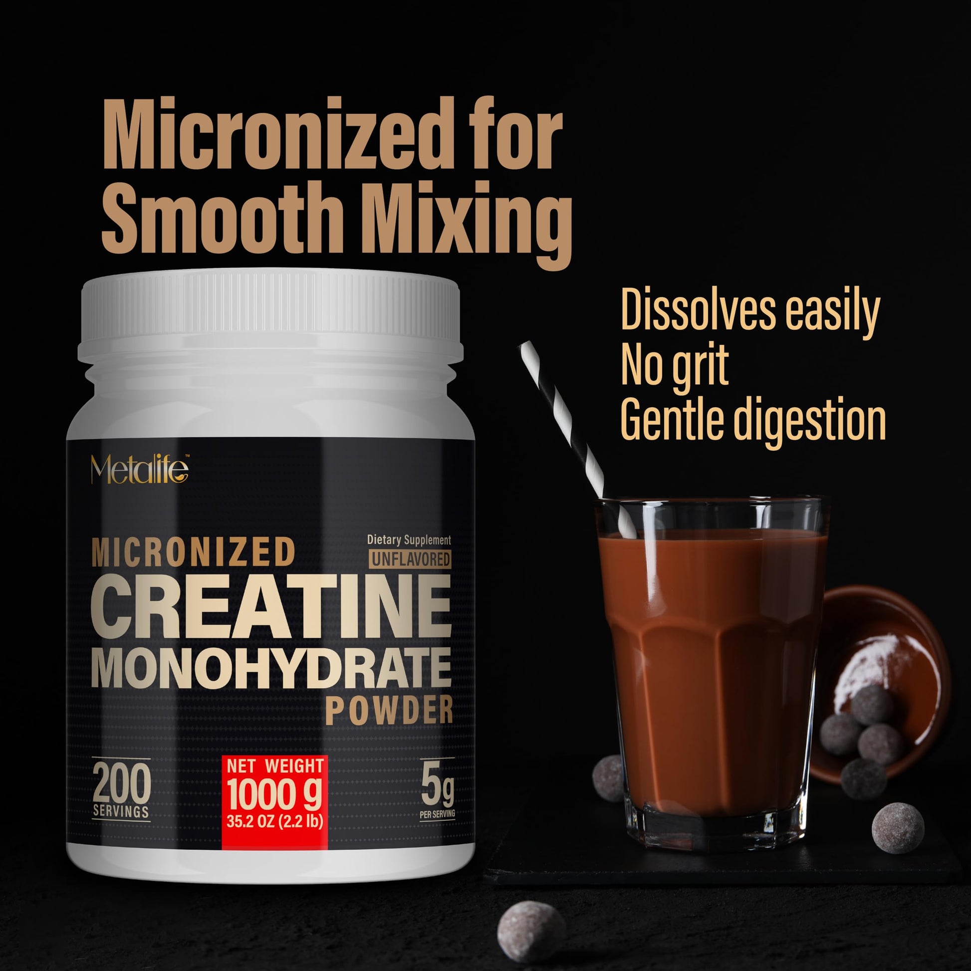 METALIFE 100% Pure Creatine Monohydrate Powder, Canada-Made, 1000 g (200 Servings) Micronized Powder, Muscle Growth, Unflavored, Ideal for Athletes & Fitness Enthusiasts, Third party lab tested, Vegan METALIFEBuy Supplements Australia