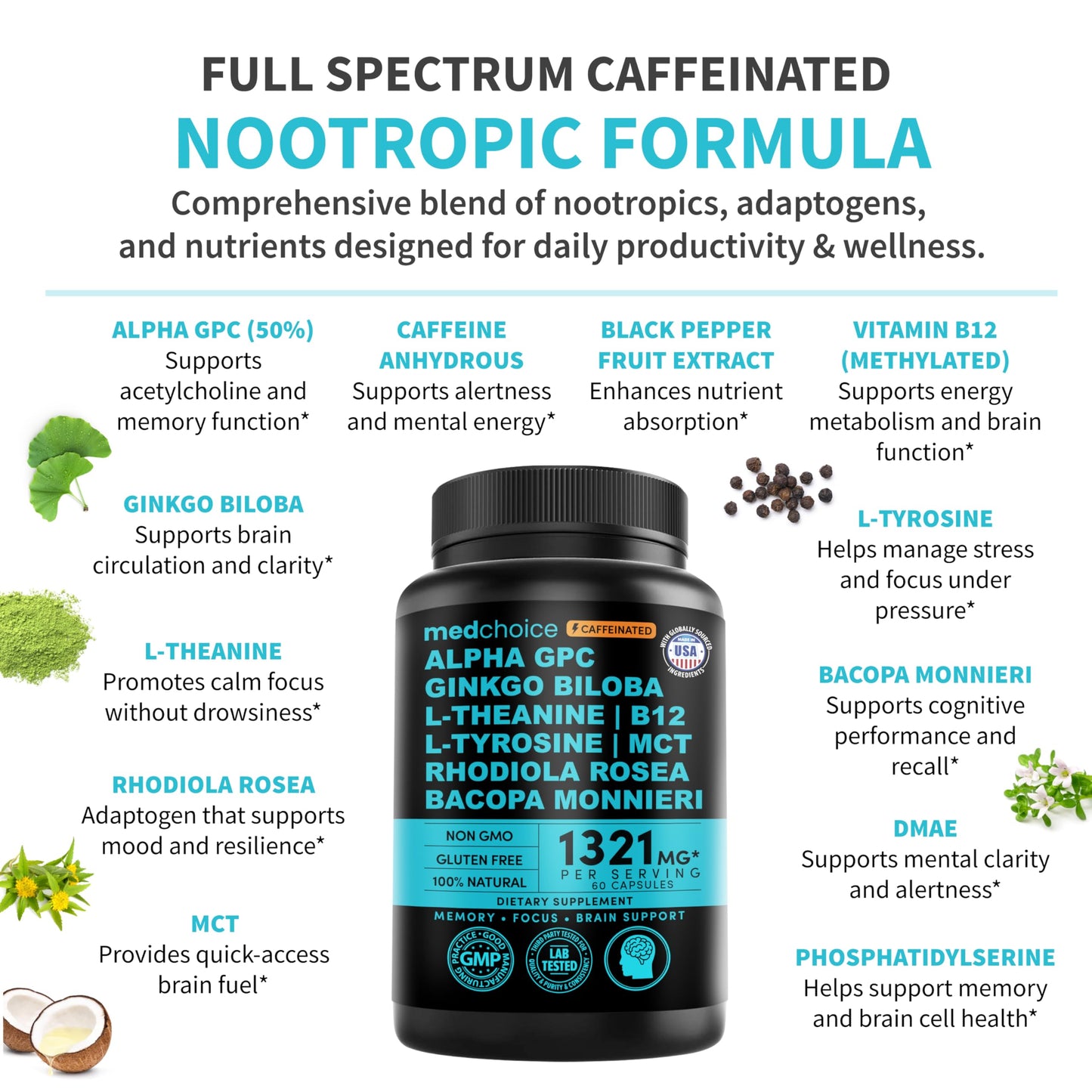 12-in-1 Nootropic Brain Supplement with Caffeine Anhydrous: Ginkgo Biloba for Brain Support, Memory and Focus - B12, Alpha GPC, L Theanine and Choline Supplements with Bioperine with 1321mg (60ct) MEDCHOICEBuy Supplements Australia