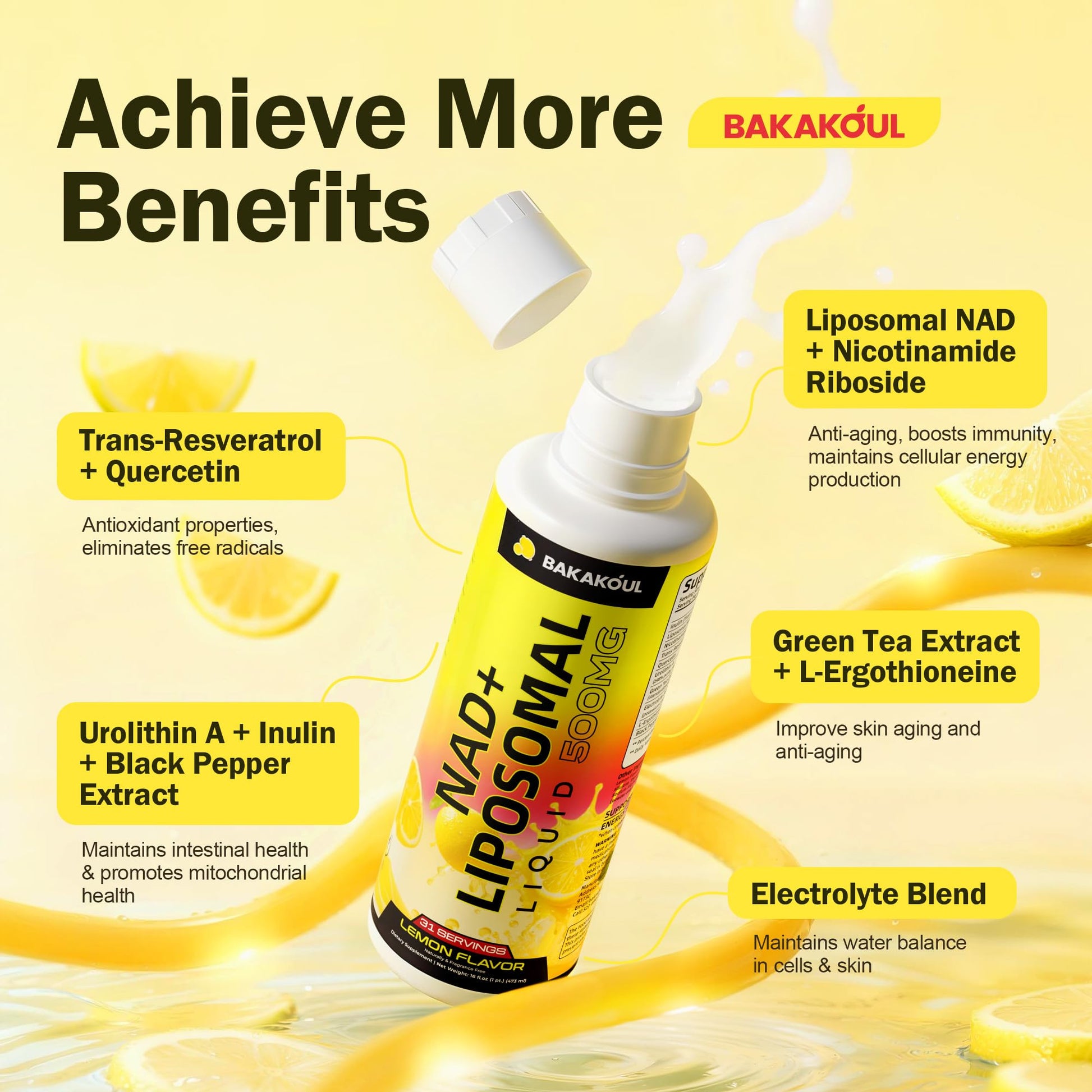 Liposomal NAD+ Liquid Supplement - Designed to Help Support Absorption - Nhanced Cellular Uptake, Helps Support Normal Cellular Health, Supports Cellular Energy Metabolism and Vitality - Lemon Flavor BAKAKOULBuy Supplements Australia