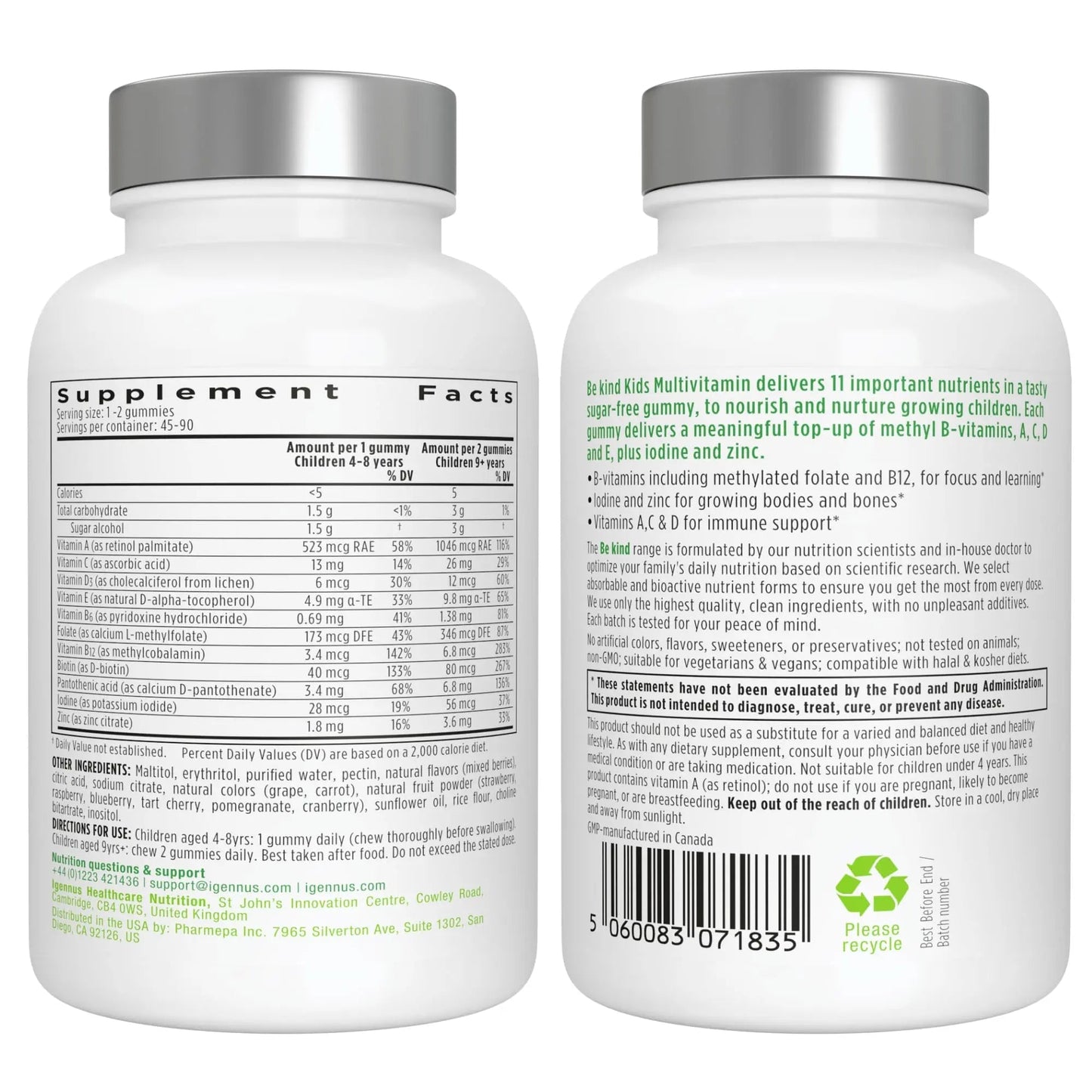 Igennus Methylated Kids Multivitamin Gummy, MTHFR, No Artificial Sweeteners or Flavors, Sugar Free, Age 4+, 90 Natural Berry Flavor Gummies Igennus Healthcare NutritionBuy Supplements Australia