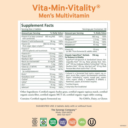 PURE SYNERGY Vita·Min·Vitality | Natural Multivitamin for Men | Men’s Daily Multivitamin Made with Organic Whole Foods | for Energy, Stress, and Immune Support (60 Tablets) PURE SYNERGY buy supplements Au