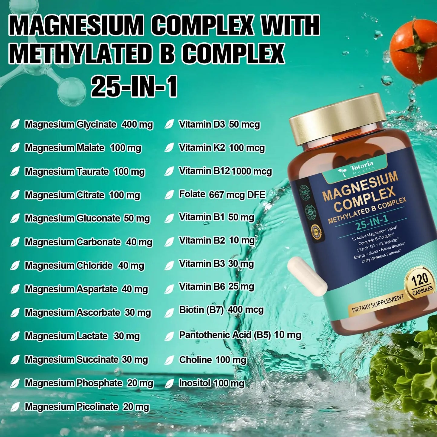 25-in-1 Magnesium Complex with Methylated B Complex Magnesium Glycinate Citrate Malate Taurate Gluconate Aspartate Carbonate D3 K2, Magnesium Supplement Totaria