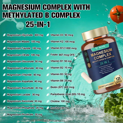 25-in-1 Magnesium Complex with Methylated B Complex Magnesium Glycinate Citrate Malate Taurate Gluconate Aspartate Carbonate D3 K2, Magnesium Supplement Totaria