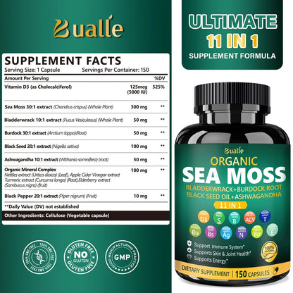 Bualle Irish Sea Moss Capsules – Organic Sea Moss, Black Seed Oil, Ashwagandha Supplements with Bladderwrack, Ginger & Burdock Root – Supports Daily Wellness, Skin & Energy – 150 Count (1 Pack) Bualle buy supplements Au