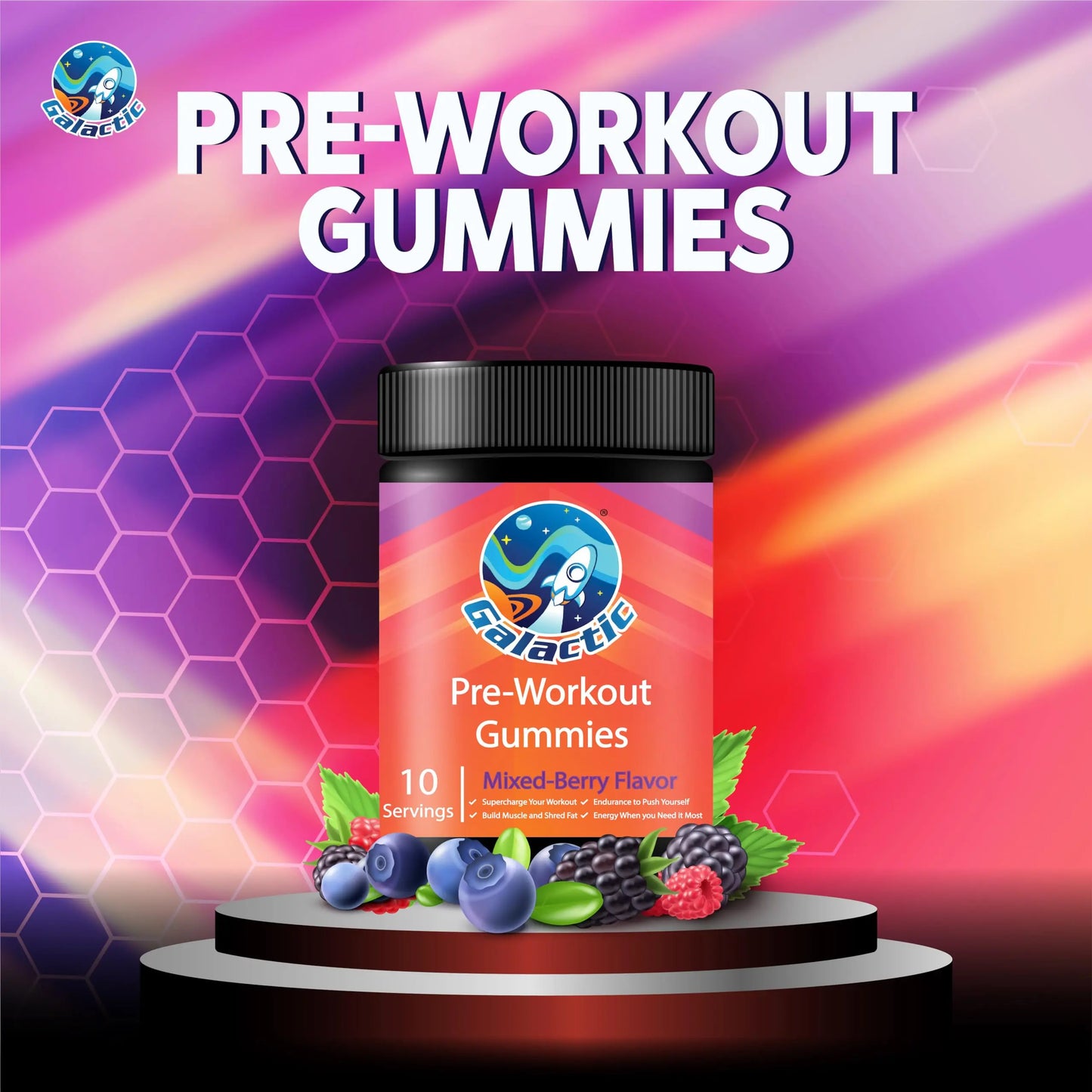 Galactic Pre-Workout Gummies, All Natural, 250mg Caffeine, Beta-Alanine, L-Citrulline Galactic