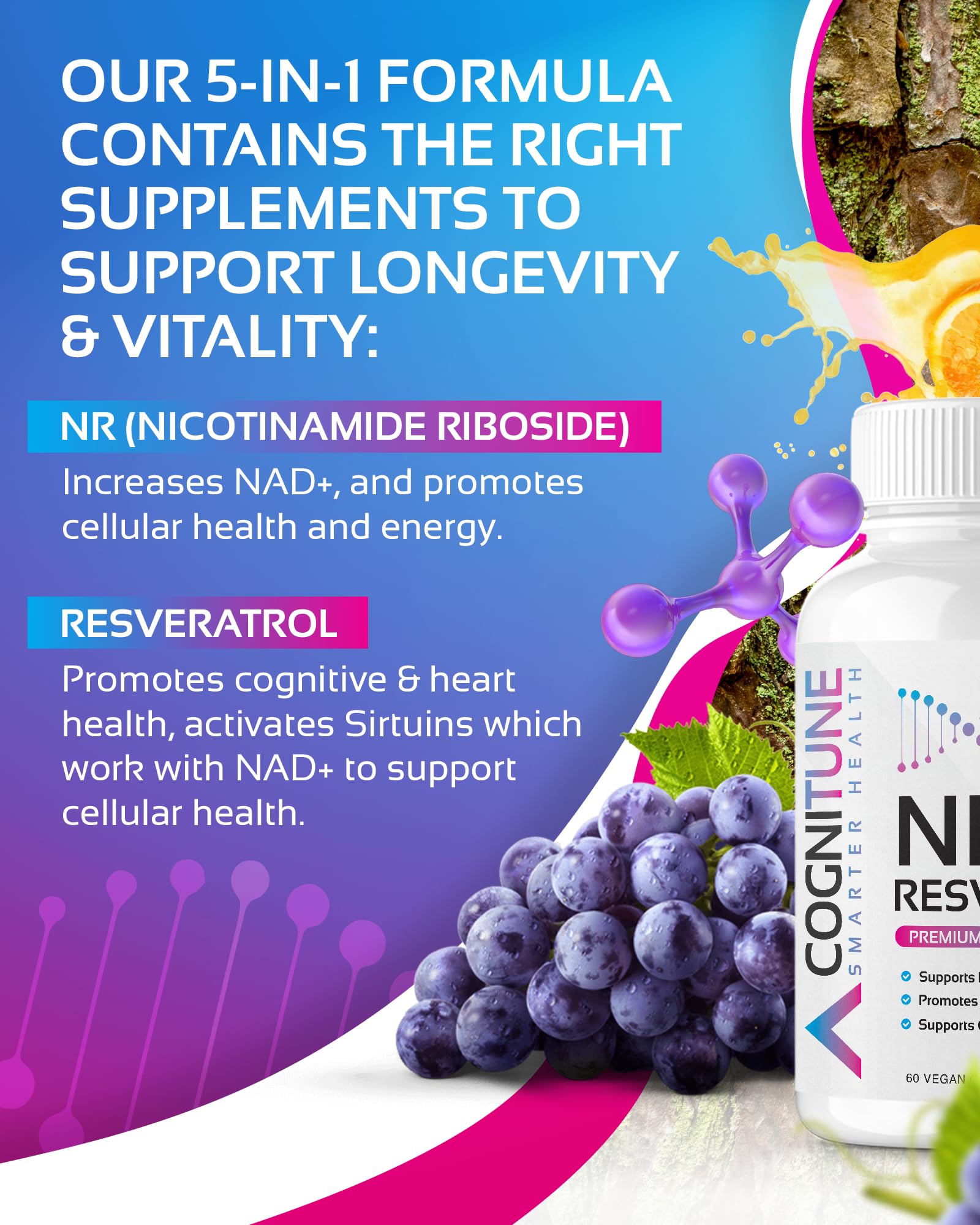 NR + Resveratrol Supplement - Increase NAD, DNA & Cellular Health, Longevity, Vitality. 5-in-1 Anti Aging Formula w/ Nicotinamide Riboside, Trans Resveratrol, Vitamin C, Grape Seed, Pine Bark CogniTuneBuy Supplements Australia