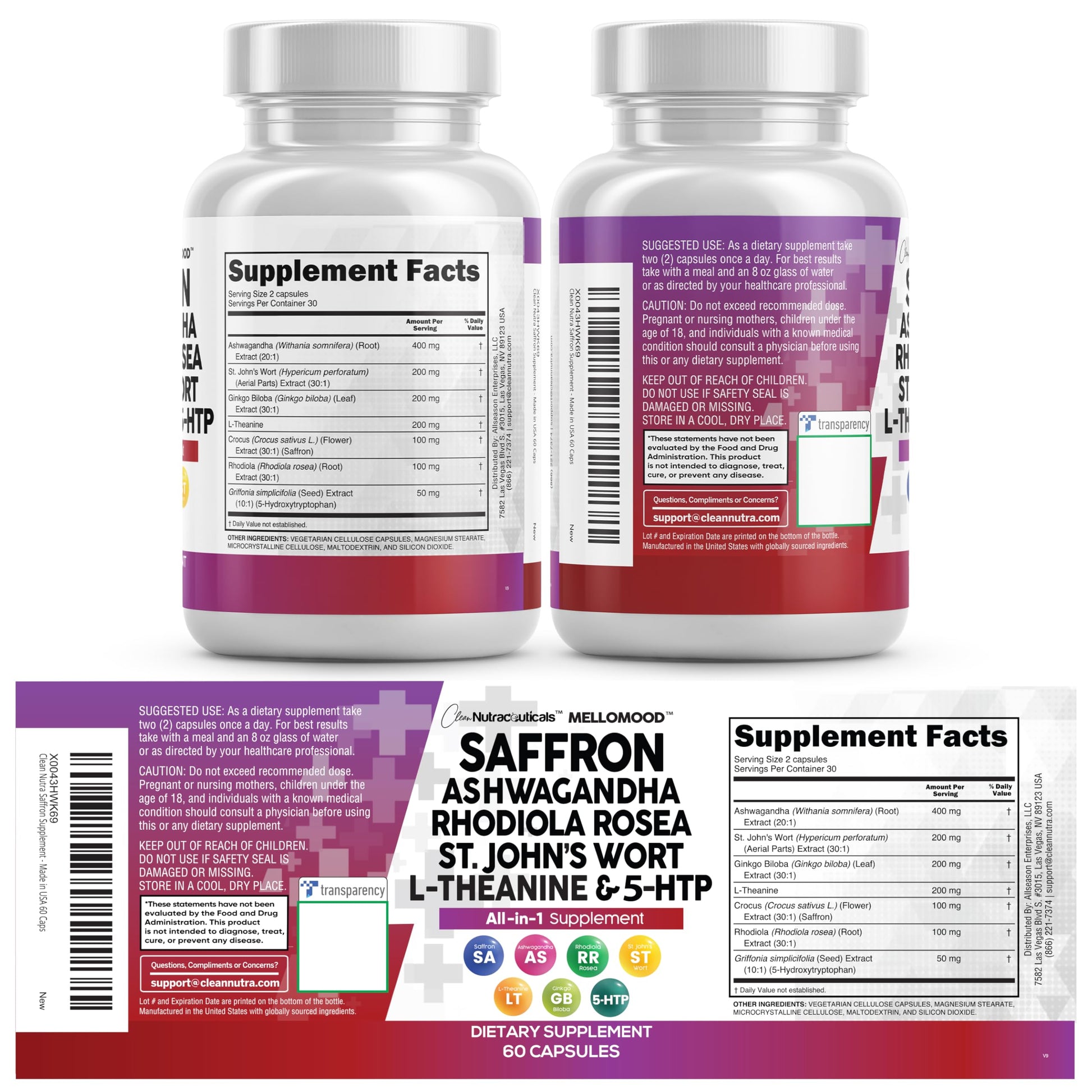 Clean Nutraceuticals Saffron Supplements Extract 100mg + Ashwagandha L-Theanine 200mg - Mood Support Ginkgo Biloba, St. John's Wort, Rhodiola Rosea & 5-HTP Capsules Pills Men Women Clean Nutraceuticals buy supplements Au