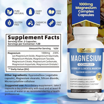 1000mg Magnesium Complex Capsules, 8-in-1 Magnesium Glycinate, Citrate, Malate, Taurate, Oxide, Carbonate, Aspartate, Orotate - 240 Capsules VivoNu