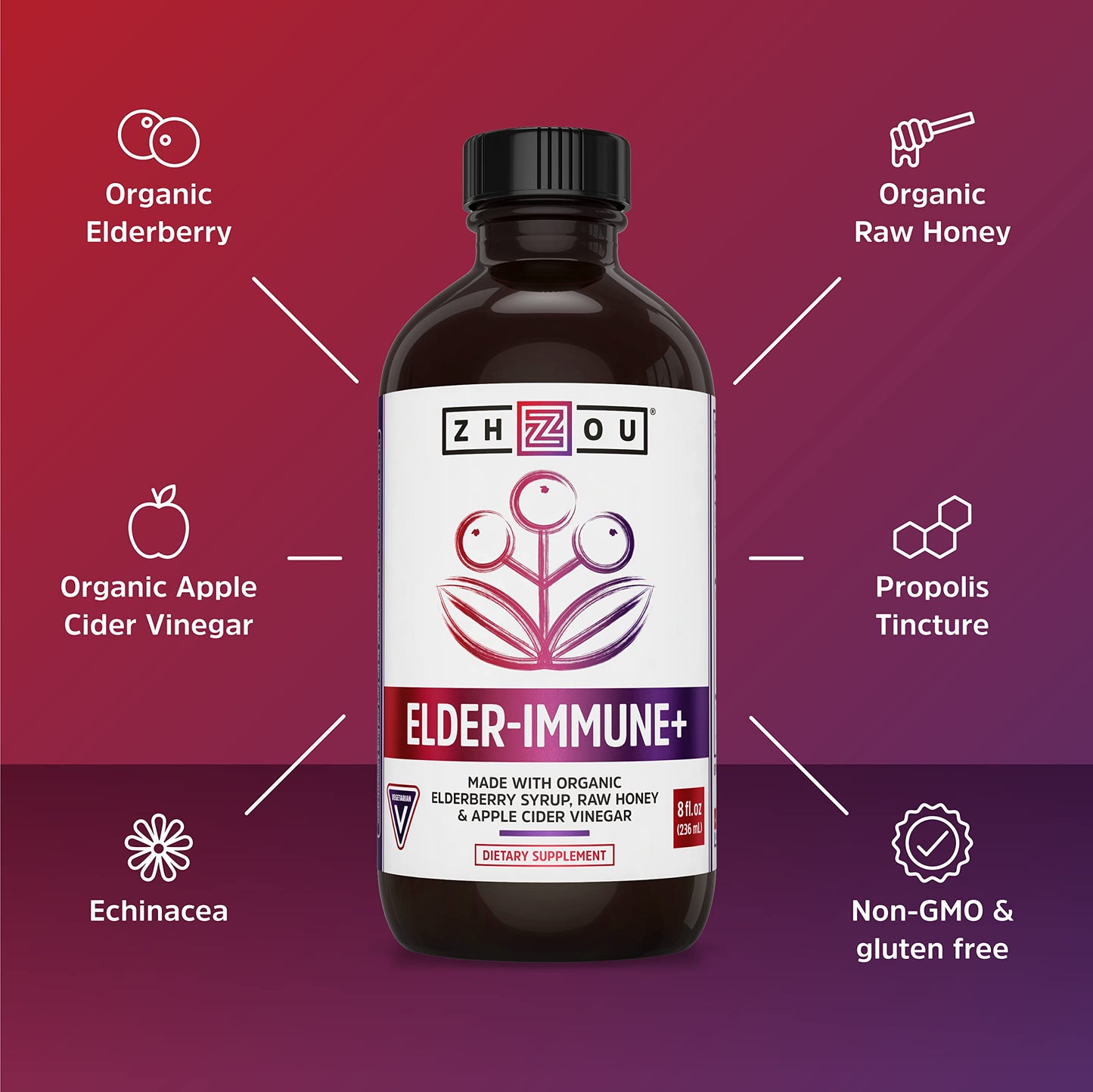 Zhou Nutrition Elderberry Syrup, Immune System Booster with Organic Elderberry Syrup Zhou Nutrition