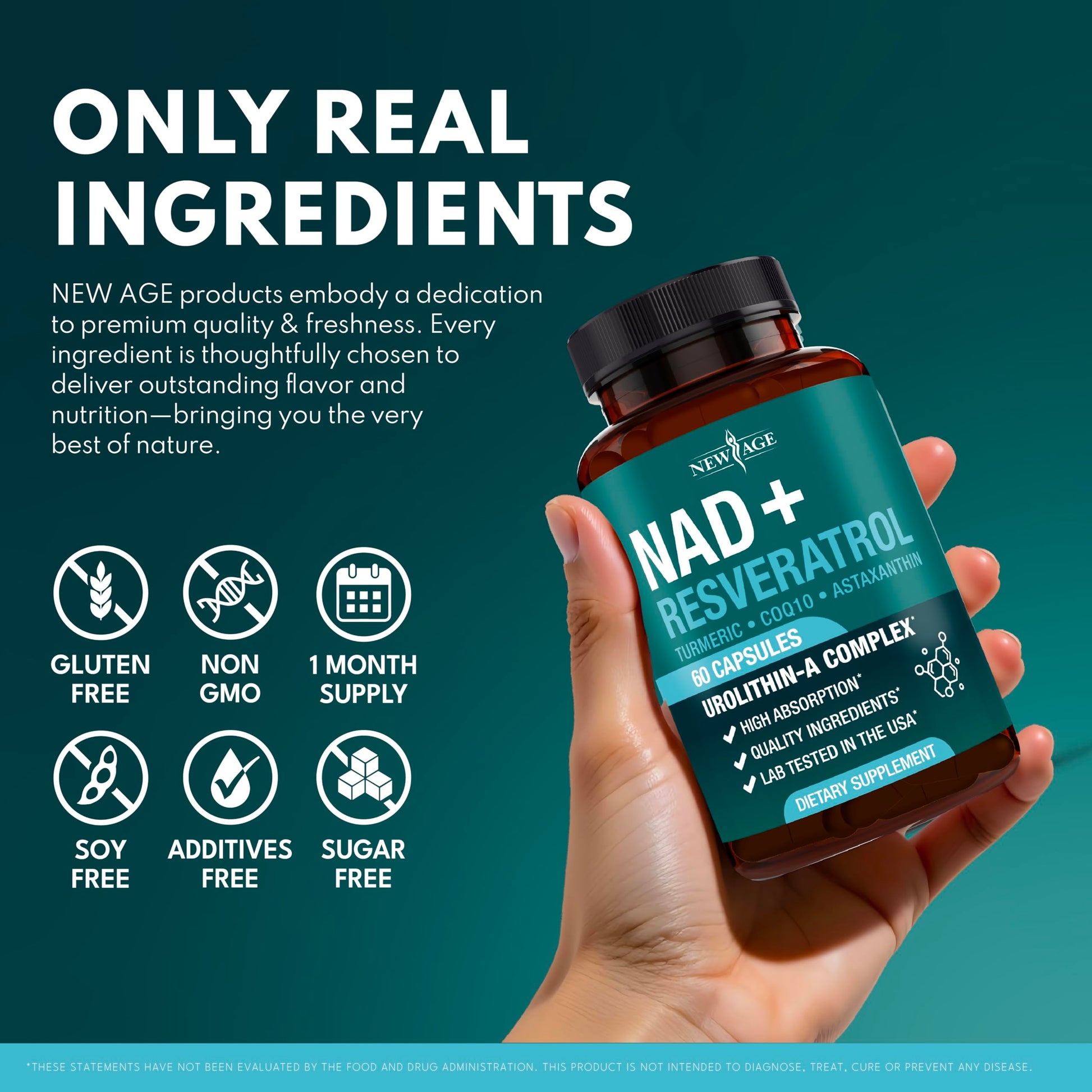 NEW AGE NAD+ Supplement Complex – NAD+ 300 mg with Astaxanthin, Urolithin A, Resveratrol, CoQ10 & Antioxidant Blend – Cellular Energy, Support or Women & Men – Vegan, Non-GMO- 120 Count NEW AGEBuy Supplements Australia
