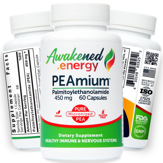 Palmitoylethanolamide 450mg Comfort Mobility Nerves Cognitive & Immune Support - Micronized High Absorption - All Natural Pea - USA Made - No Additives or Excipients – 60 Vegan Capsules Supplement Awakened.energyBuy Supplements Australia
