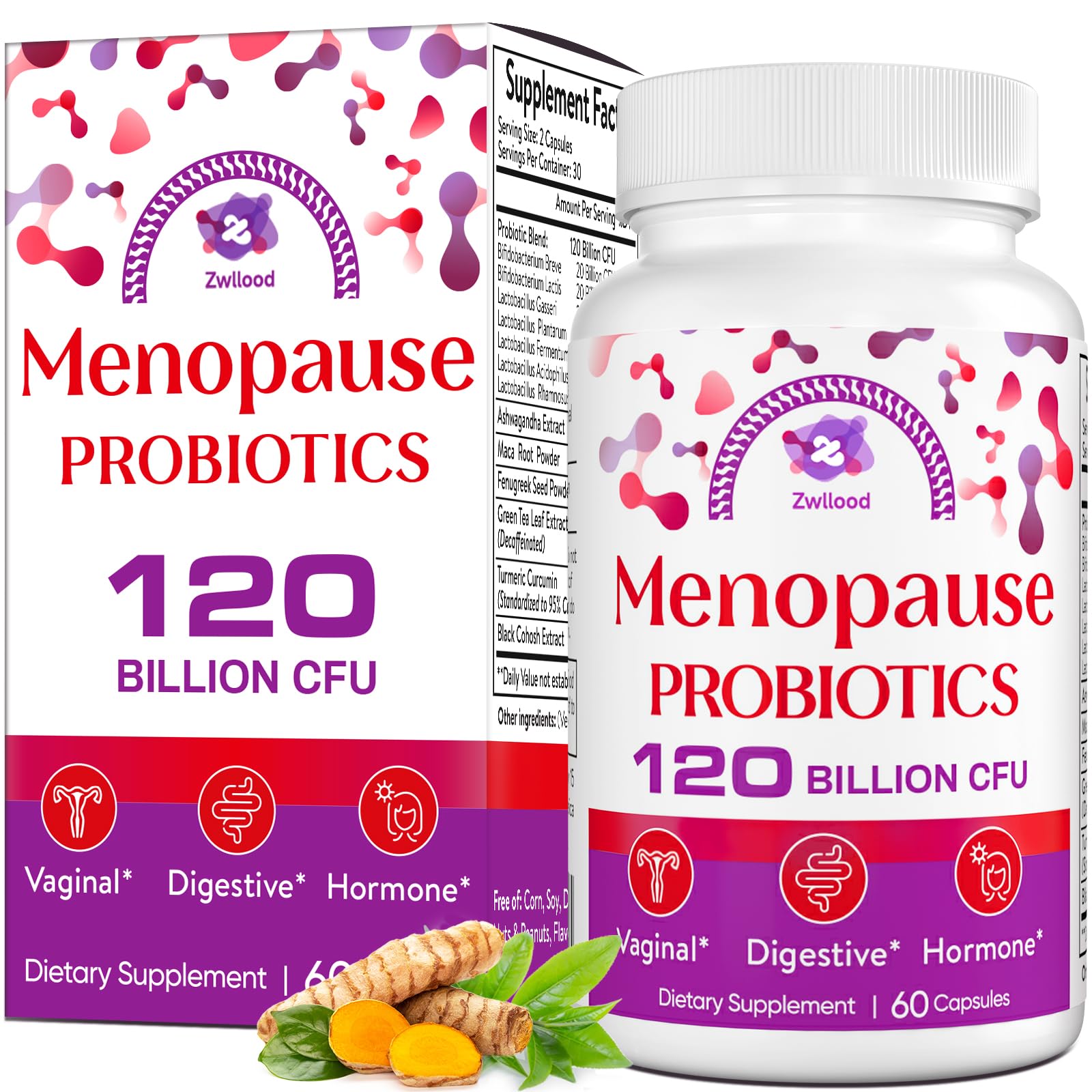Menopause Supplements for Women, 120 Billion CFU Menopause Probiotics for Women, All-Natural Probiotic for Hot Flashes Menopause, Night Sweats, Mood Swings, Gut and Hormone - 60 Herbal Capsules ZwlloodBuy Supplements Australia