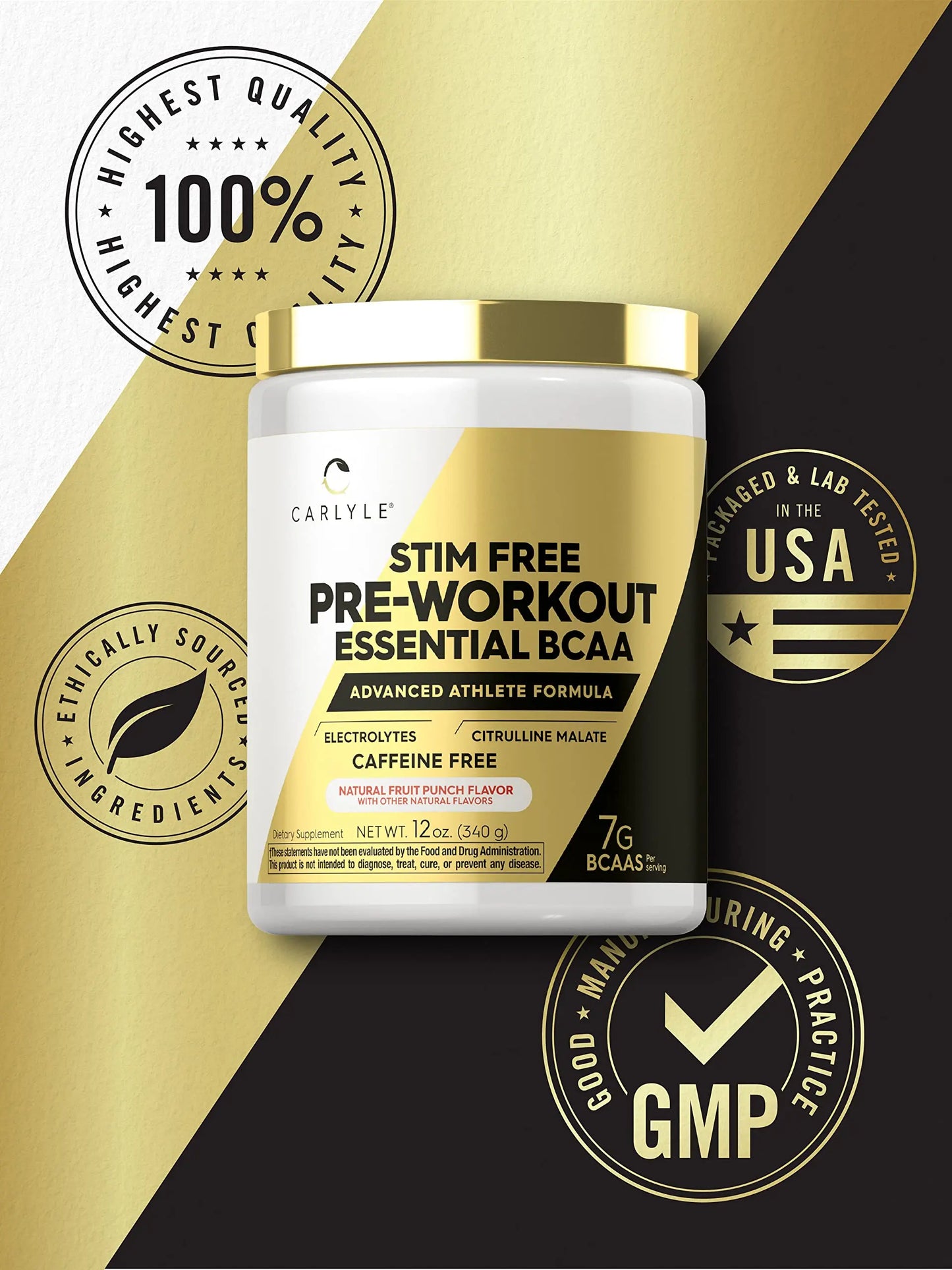 Carlyle Stim Free Pre Workout Powder | BCAA Amino Acids | 7g BCAA | Fruit Punch Flavor Carlyle