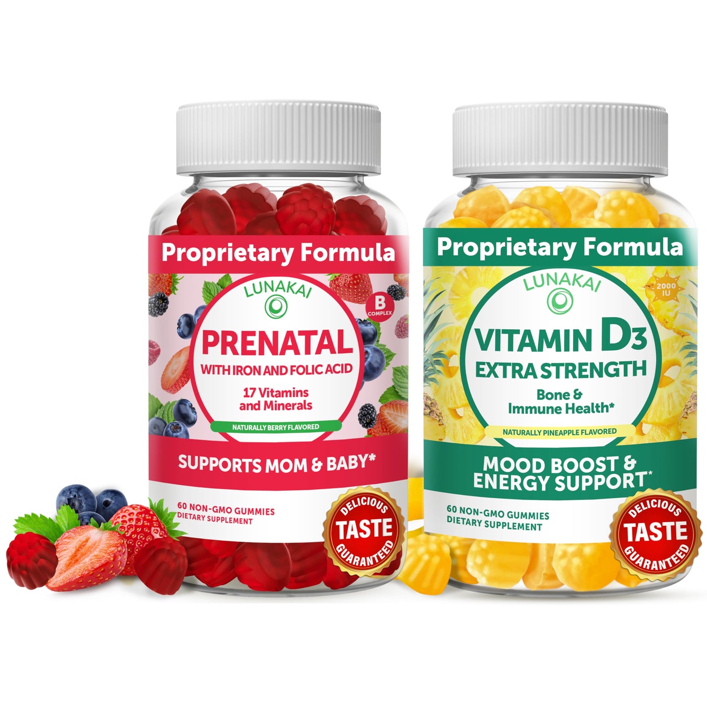 Prenatal Vitamins and Vitamin D3 Gummies Bundle - with Iron and Folic Acid, Chewable Multivitamin Lunakai