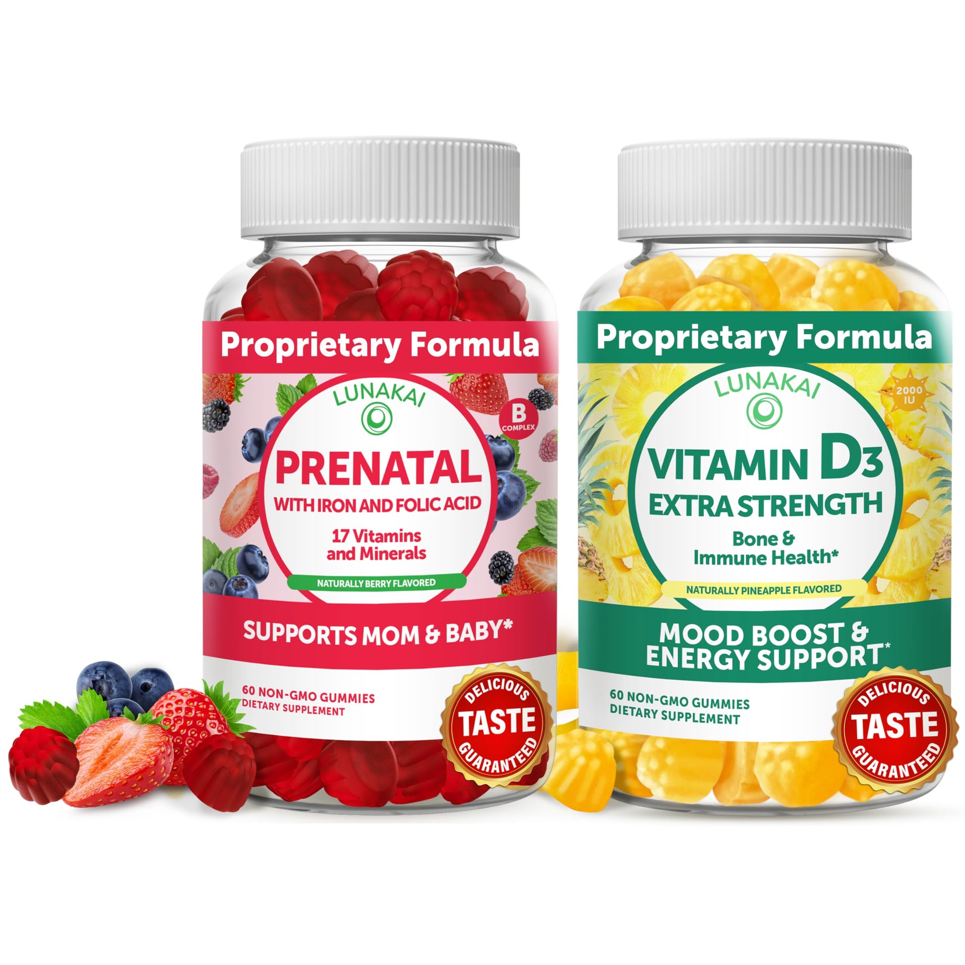 Prenatal Vitamins and Vitamin D3 Gummies Bundle - with Iron and Folic Acid, Chewable Multivitamin Lunakai