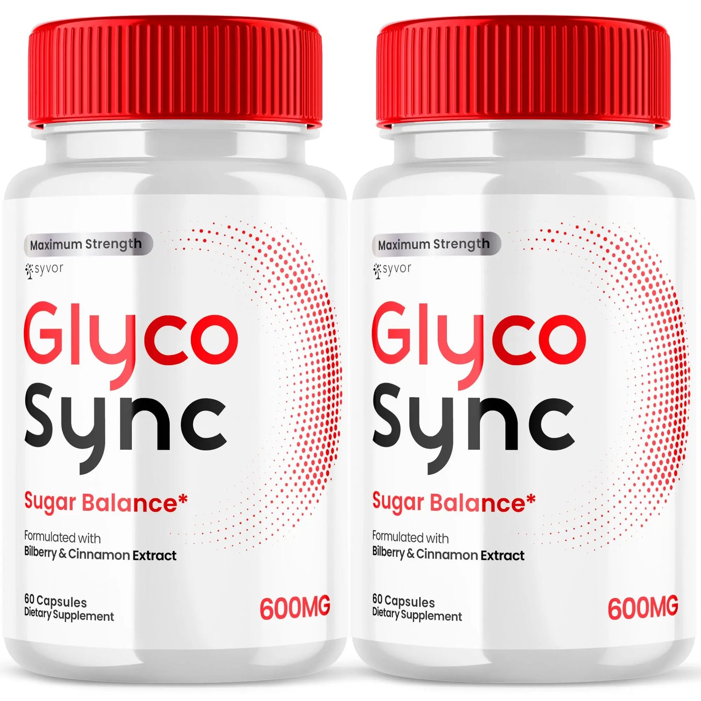 Two bottles of Glyco Sync dietary supplements with red caps on a white background