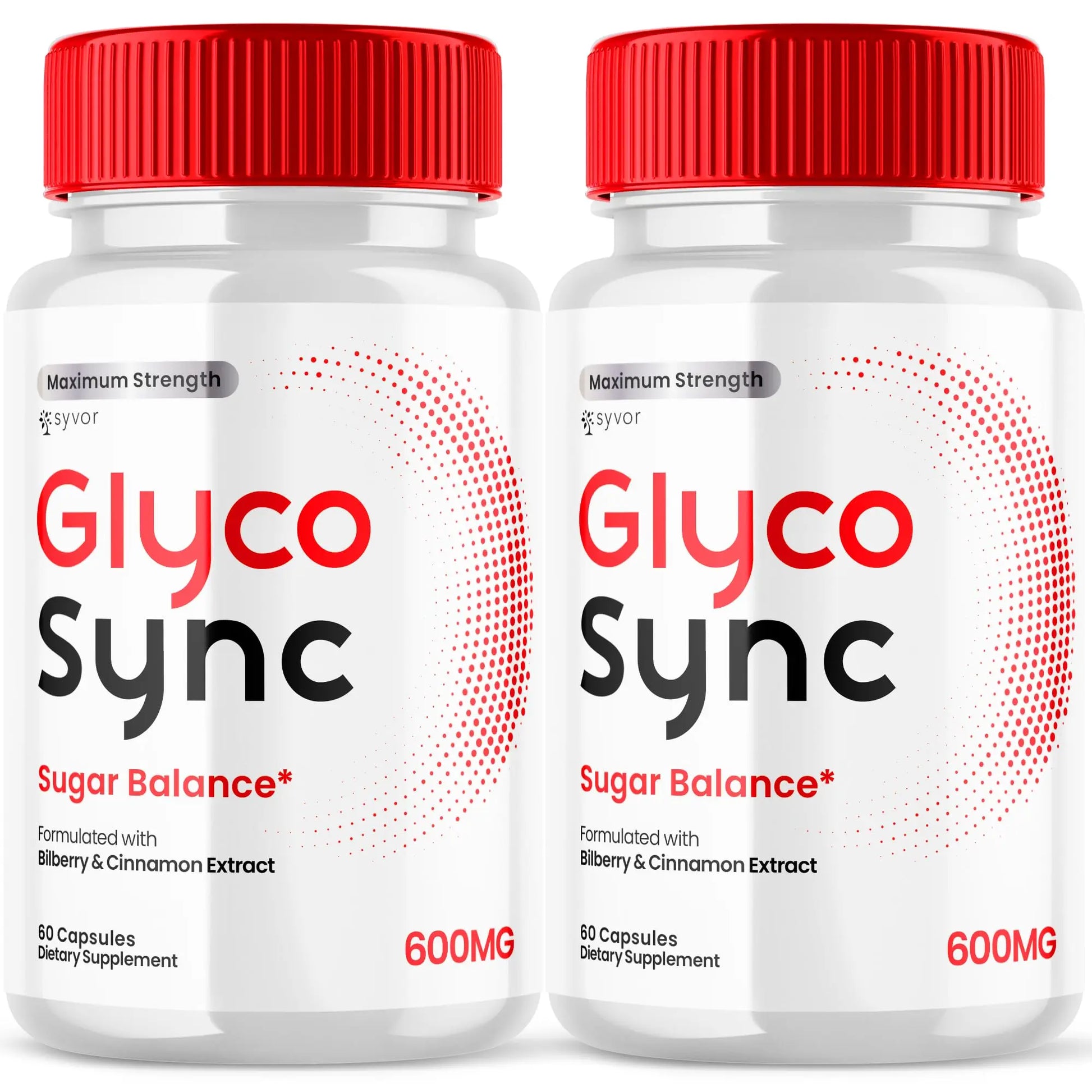 Two bottles of Glyco Sync dietary supplements with red caps on a white background