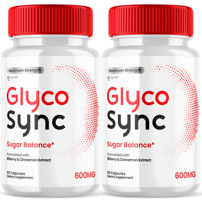 Two bottles of Glyco Sync dietary supplements with red caps on a white background